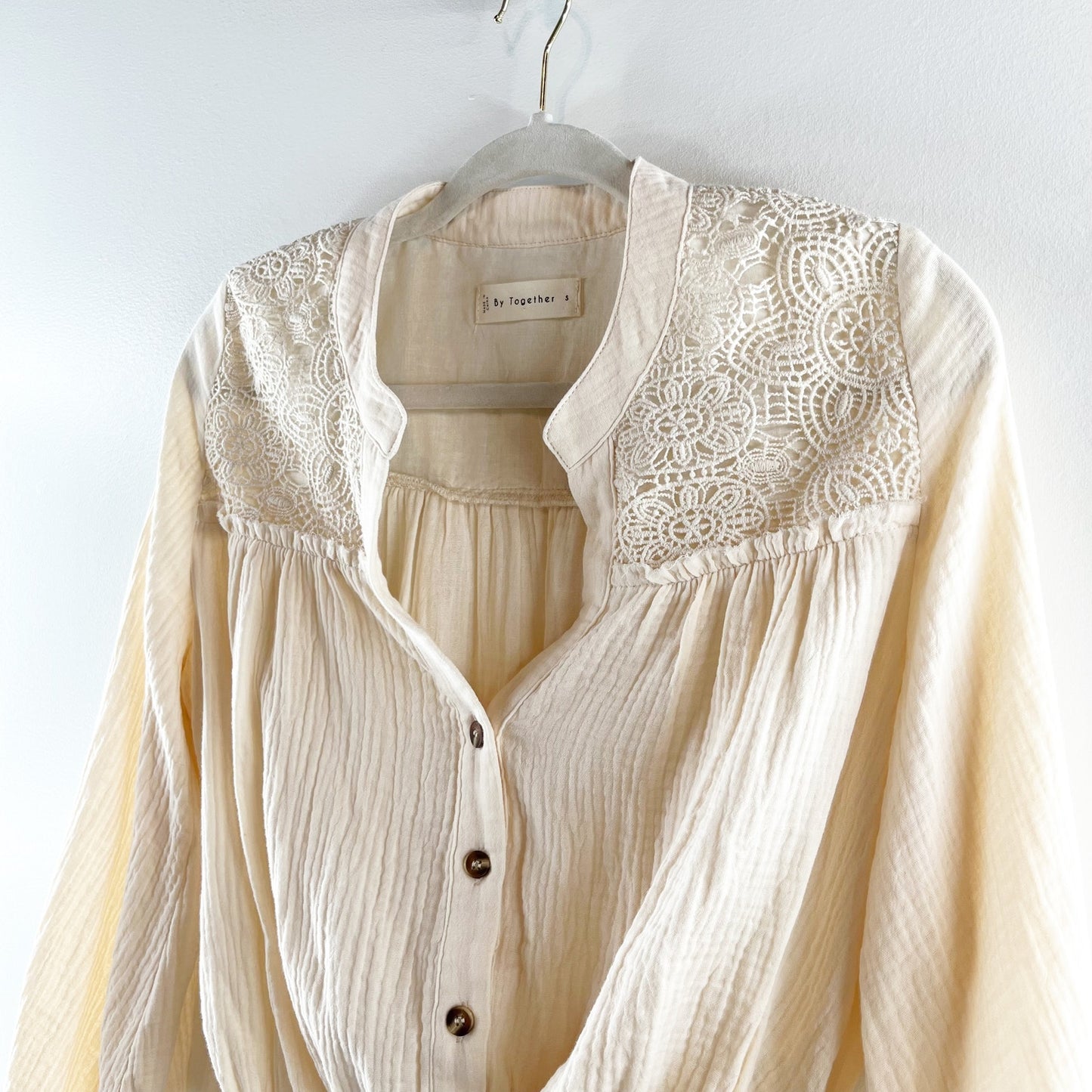 By Together Long Sleeve Gauzy Cotton Button Up Crochet Top Cream Small