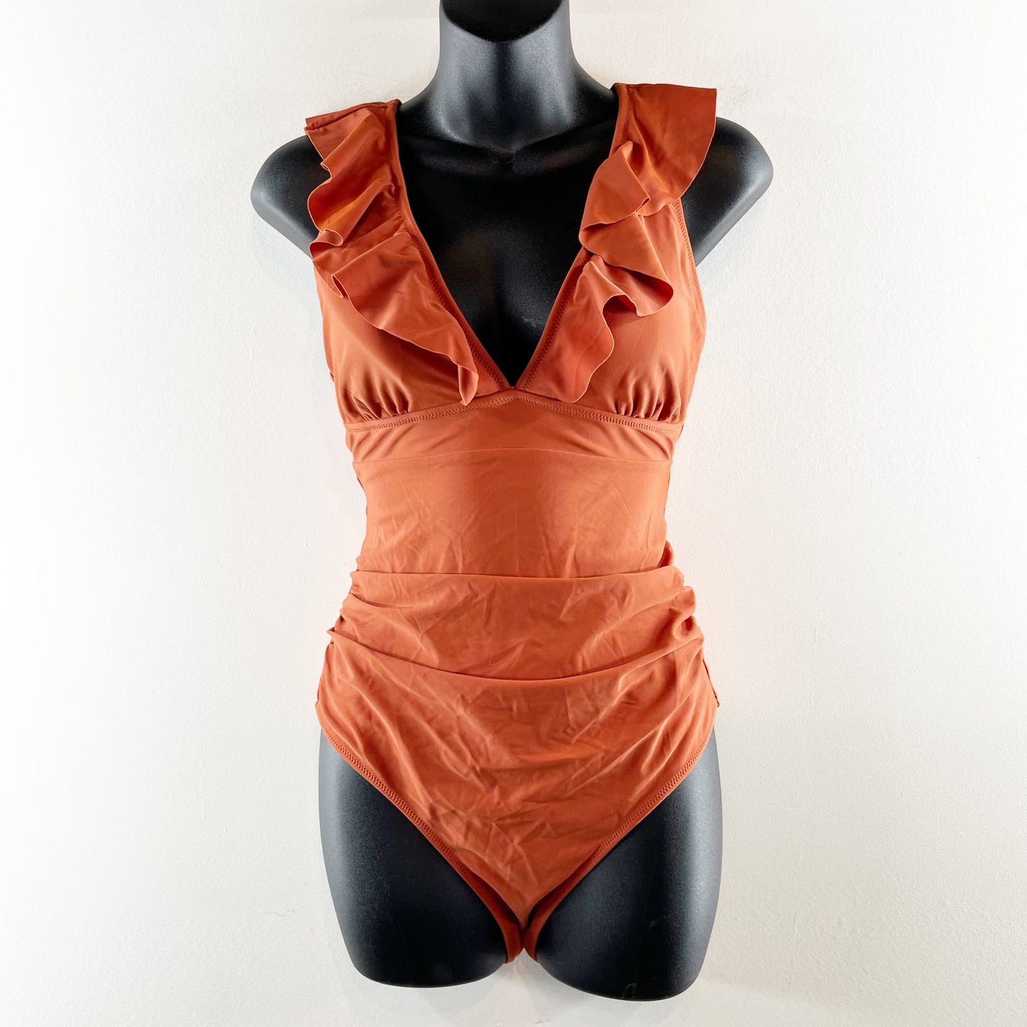 Plunge Front Ruffle Strap Low Open Back One Piece Bathing Suit Rust Orange M