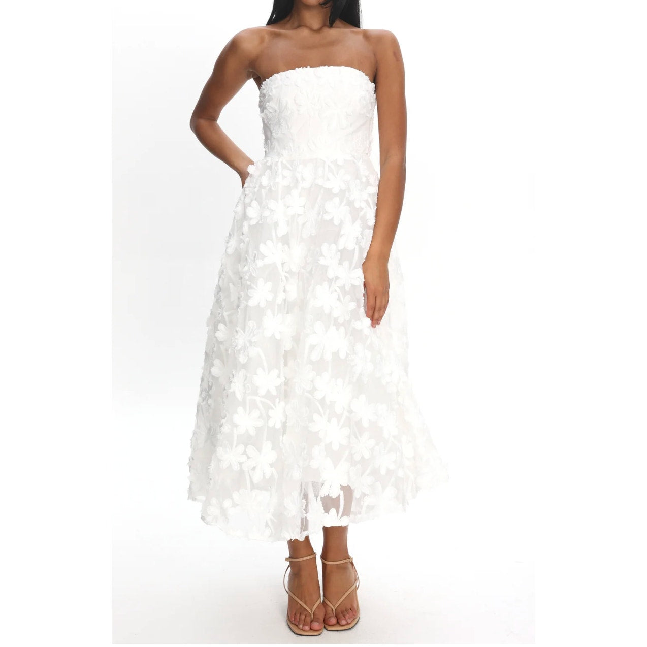 Selfie Leslie Dori Floral Embellished Strapless Midi Dress White XS