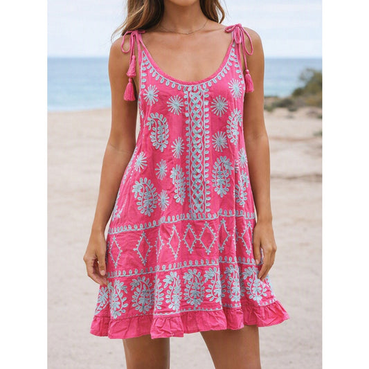 Pranella Remi Embroidered Tie Strap Ruffle Hem Mini Beach Dress Coral Pink Small