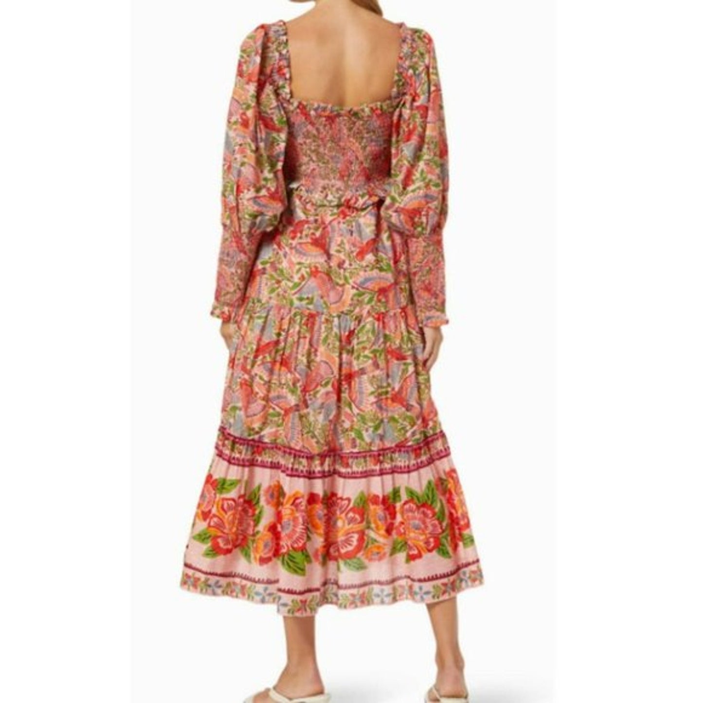 Farm Rio Macaw Flight Smocked Cotton Long Sleeve Midi Dress Pink Red Small