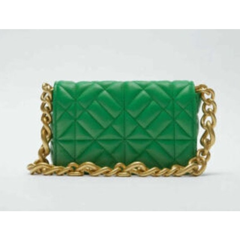 ZARA Quilted Flap Gold Chain Strap City Purse Bag Emerald Green
