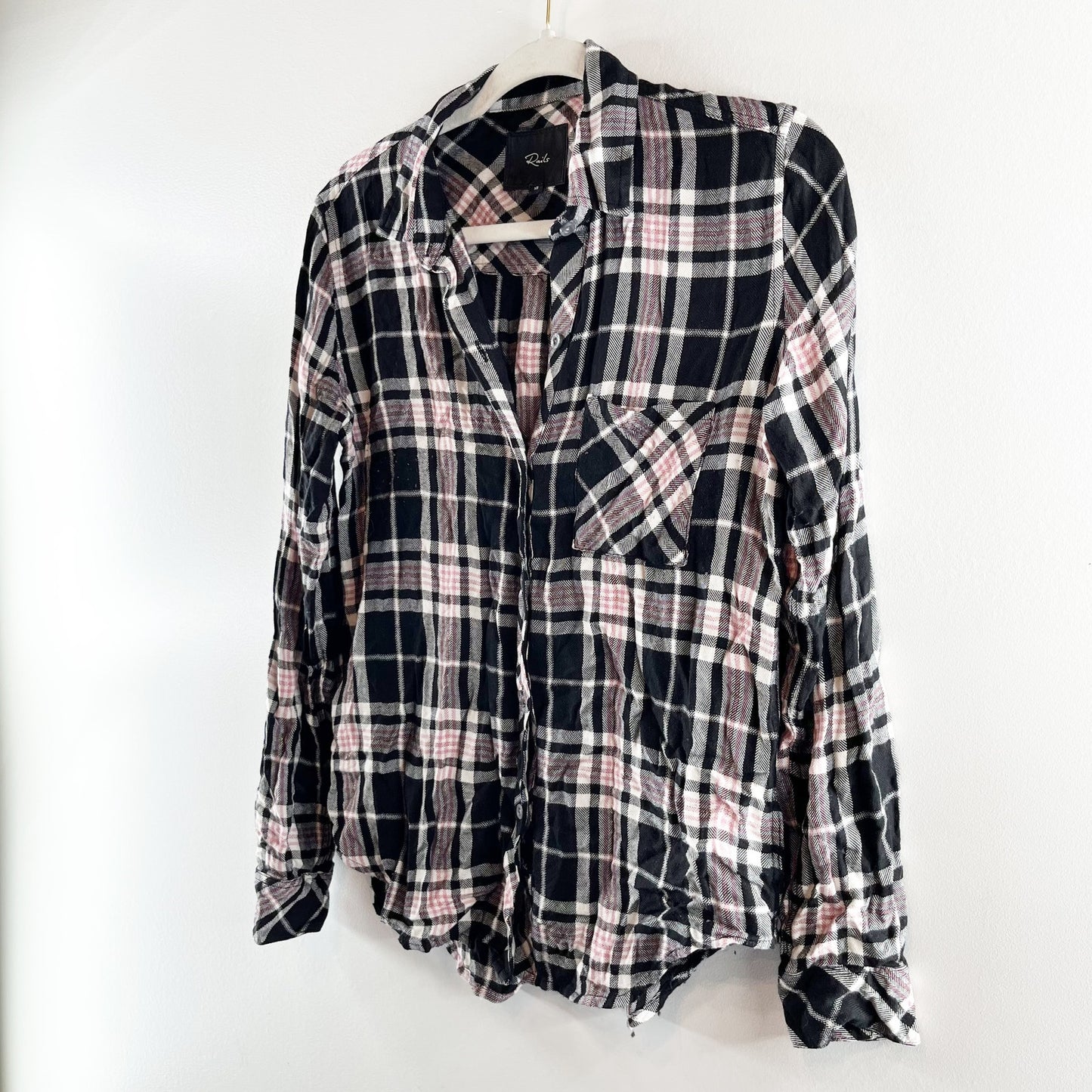Rails Hunter Long Sleeve Plaid Flannel Button Down Shirt Onyx Rose Gold XS