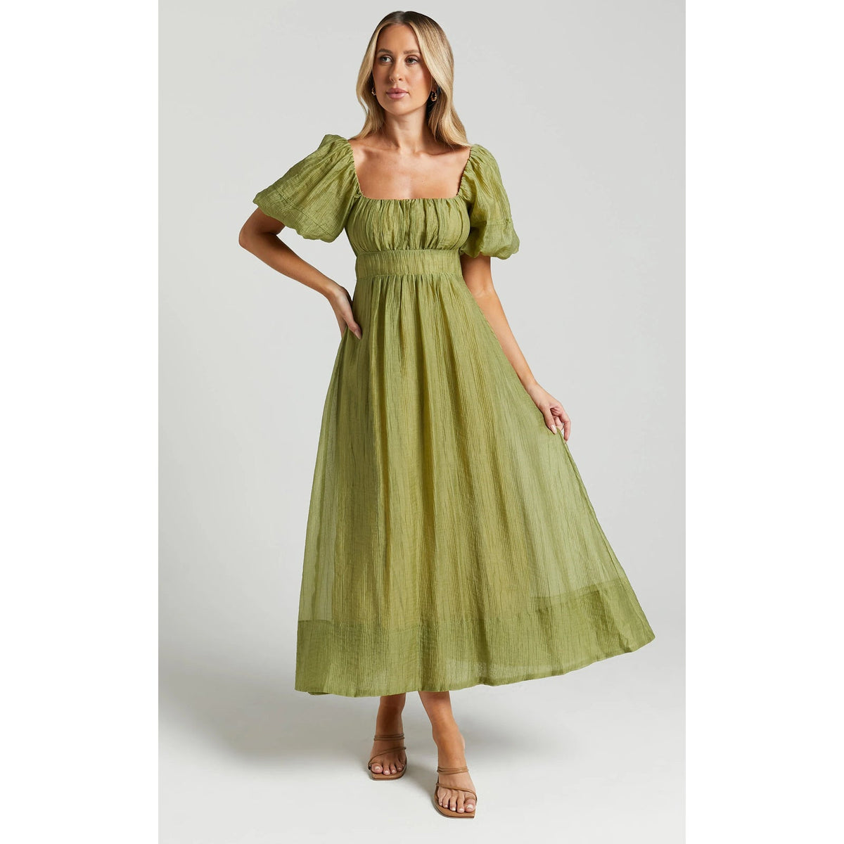 Showpo Roshina Square Neck Puff Sleeve A-Line Midi Dress Olive Green 12