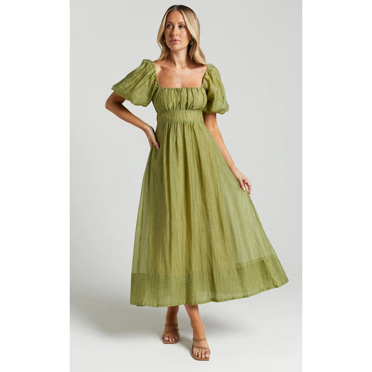 Showpo Roshina Square Neck Puff Sleeve A-Line Midi Dress Olive Green 12
