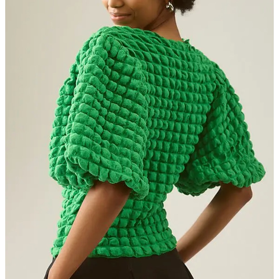 Eri + Ali Anthropologie Textured Puff Sleeve Top Shirt Blouse Green Small