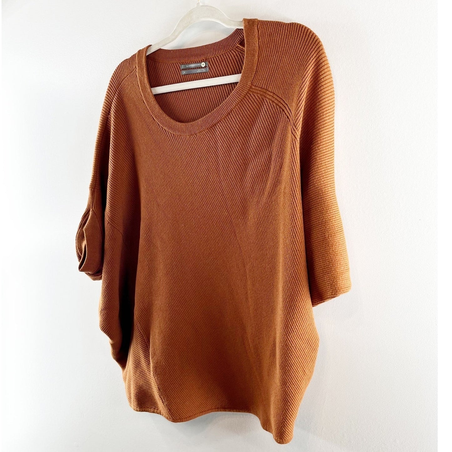 Anthropologie Vanessa Ribbed Knit Poncho Short Sleeve Sweater Rust Brown Medium