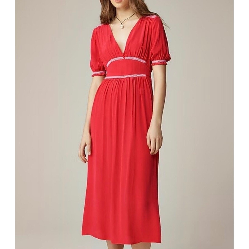 J. Crew Smocked-Trim Short Sleeve Midi Slip Dress in Crepe De Chine Red 6