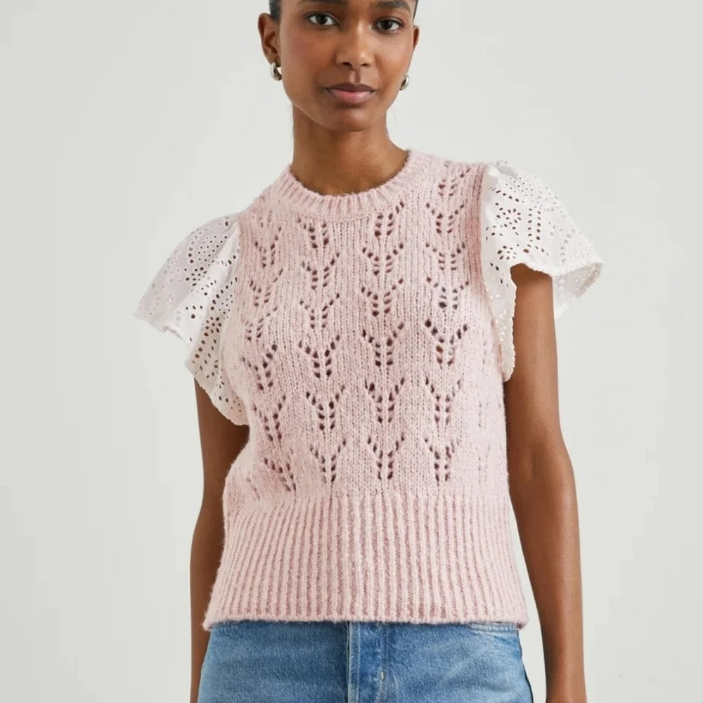 Rails Everly Pointelle Knit Flutter-Sleeve Sweater Top Maueve Pink Small