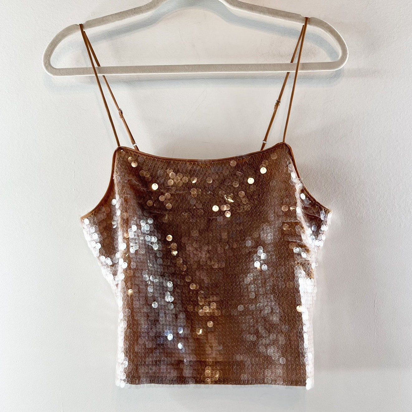 Madewell Sequin Square Neck Cropped Boxy Cami Tank Top Fallen Timber Gold Medium