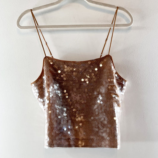 Madewell Sequin Square Neck Cropped Boxy Cami Tank Top Fallen Timber Gold Medium
