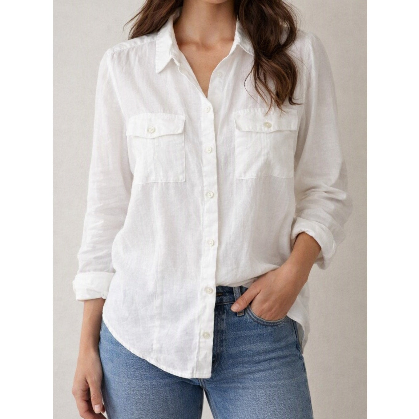 J. Jill 100% Linen Long Sleeve Button Down Shirt White Medium