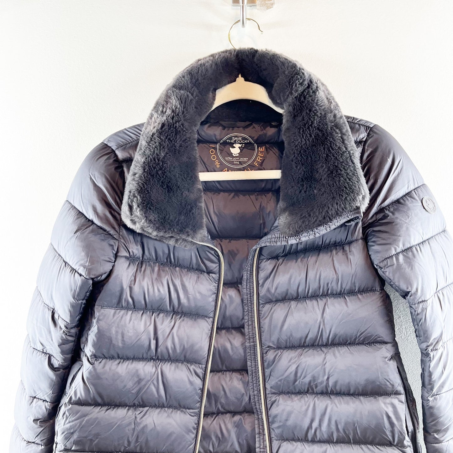 Save The Duck Mei Faux Fur Collar Puffer Coat Jacket Black XS