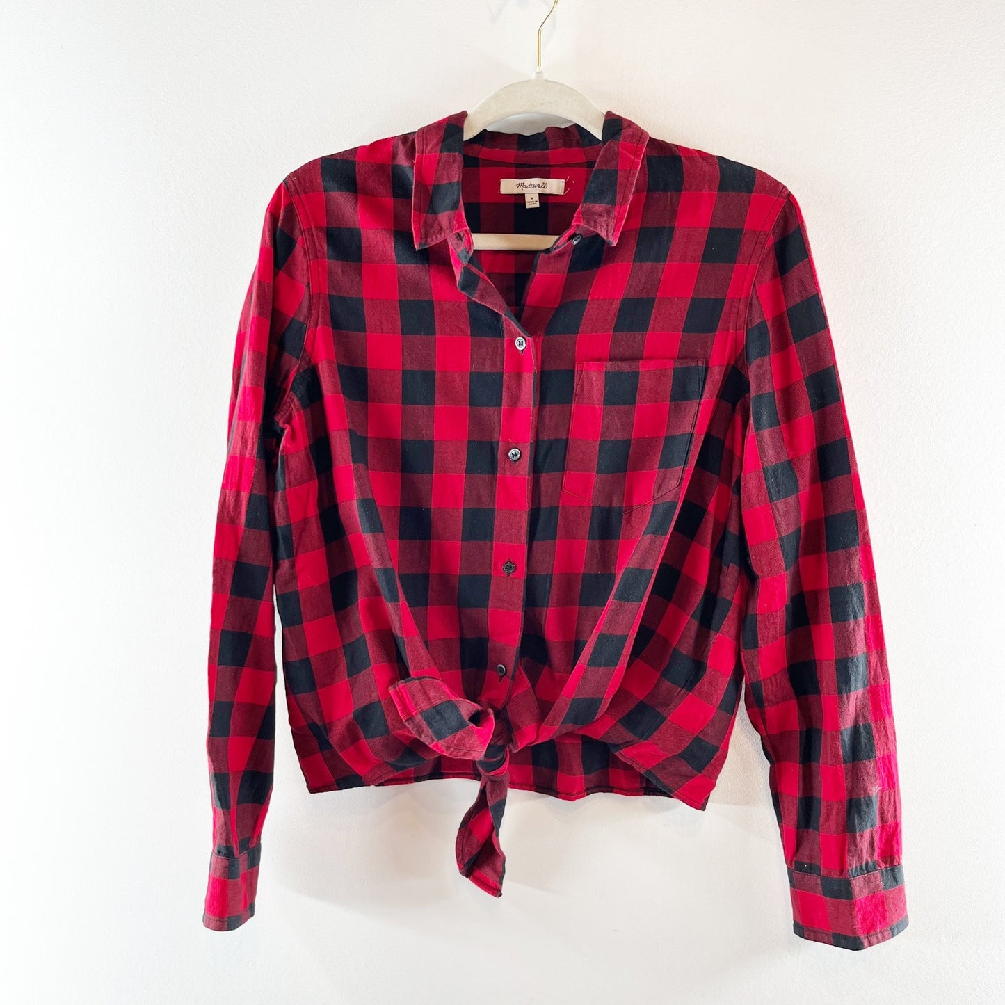 Madewell Buffalo Check Long Sleeve Flannel Tie Front Button-Up Shirt Red/Black M