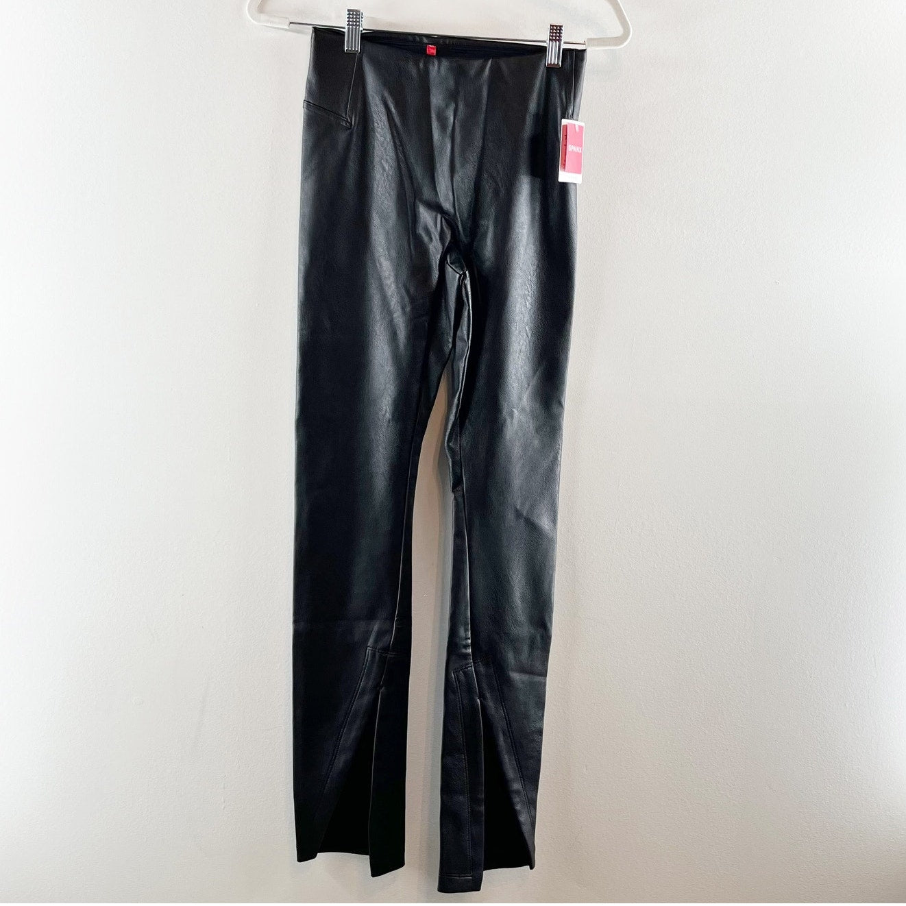 SPANX Leather-Like Pull On Front Slit Full-Length Skinny Pants Luxe Black XS