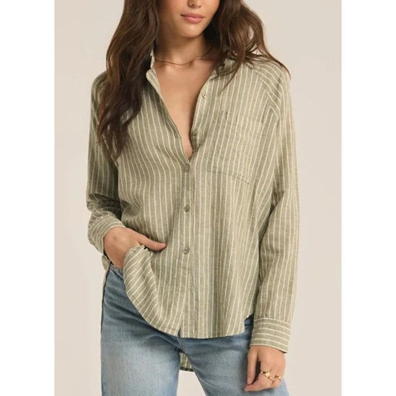 Z Supply The Perfect Linen Stripe Button-Up Shirt Top Meadow Green Small