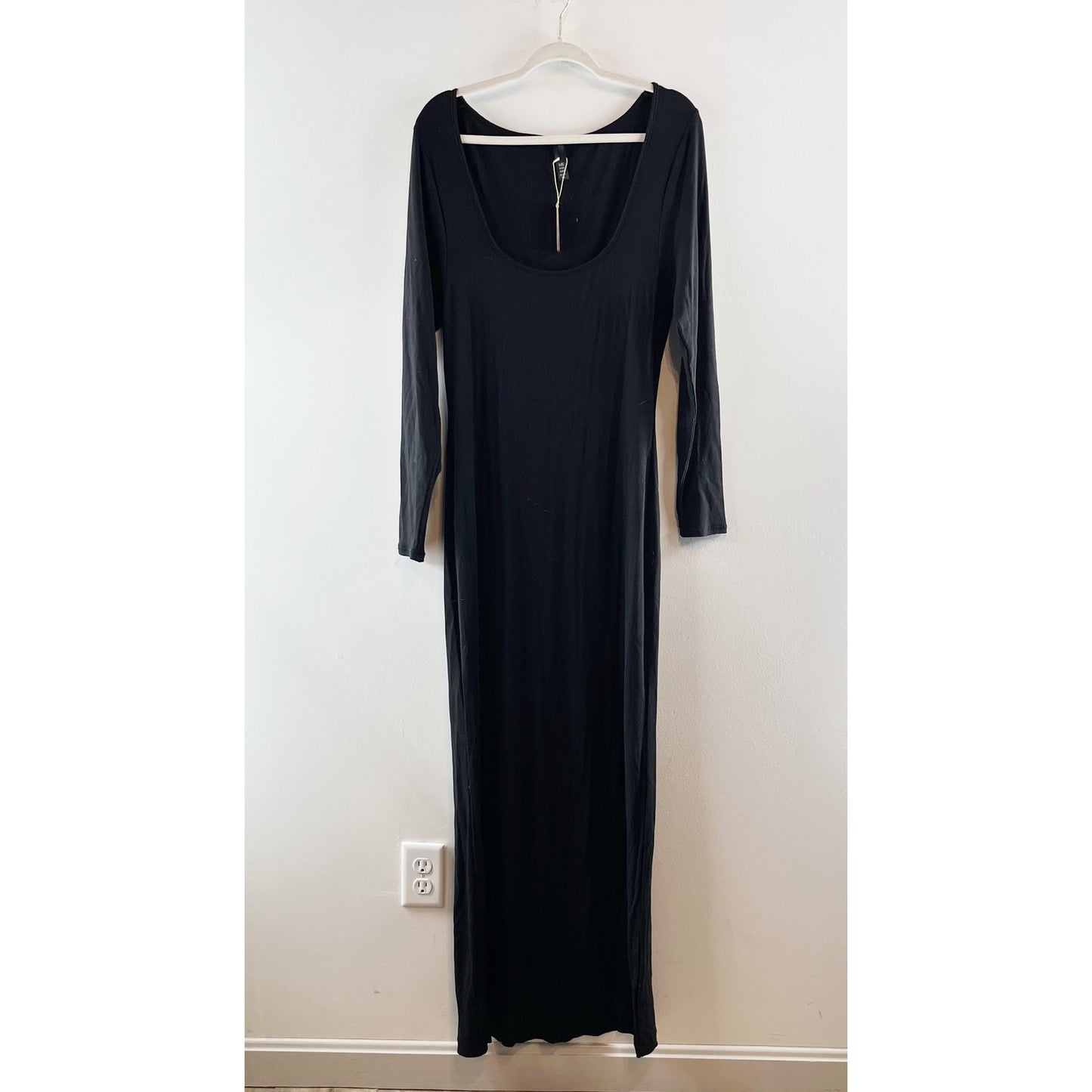 Skims Long Sleeve Soft Lounge Square Neck Ribbed Maxi Dress Onyx Black 2X