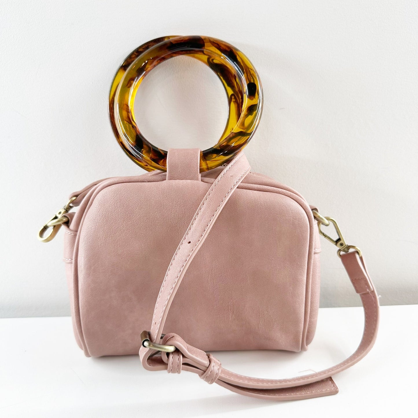 Anthropologie Lucite Tortoise Shell Handle Crossbody Purse Bag Pink