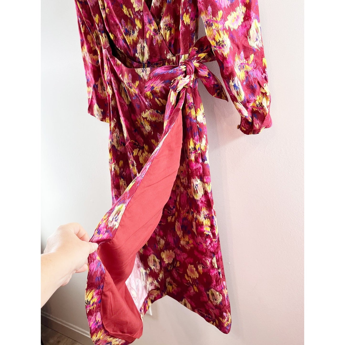 Sezane Long Sleeve V Neck Floral Wrap Midi Dress Pink Red 38 / US 6