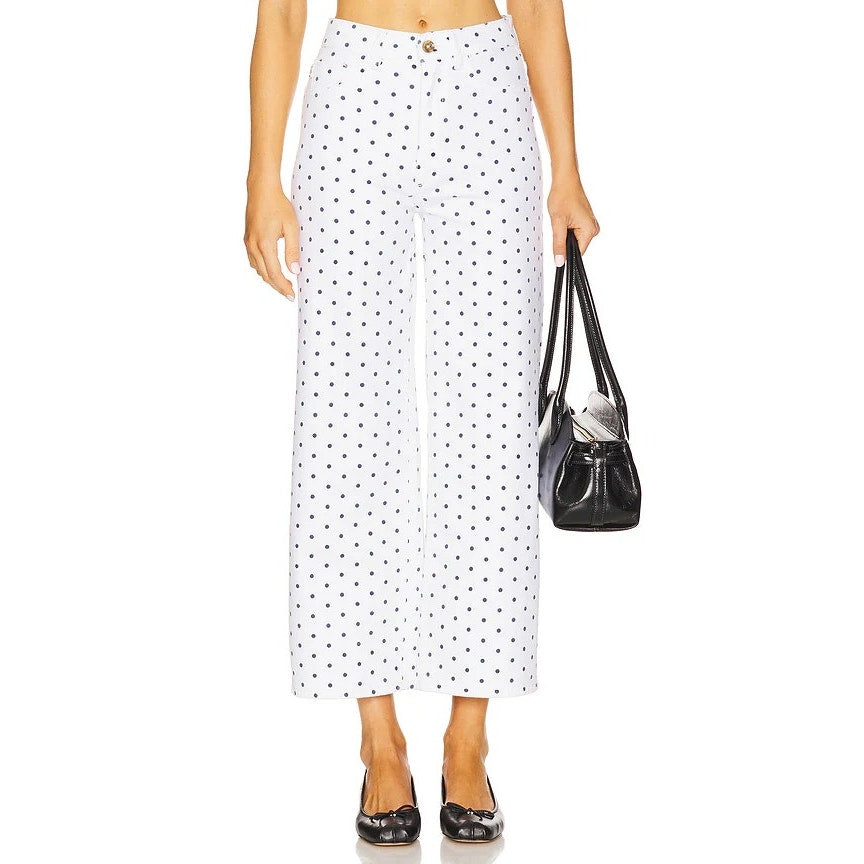 DL1961 Hepburn Polka Dot High Waisted Cropped Wide Leg Jeans Marine Dots 28