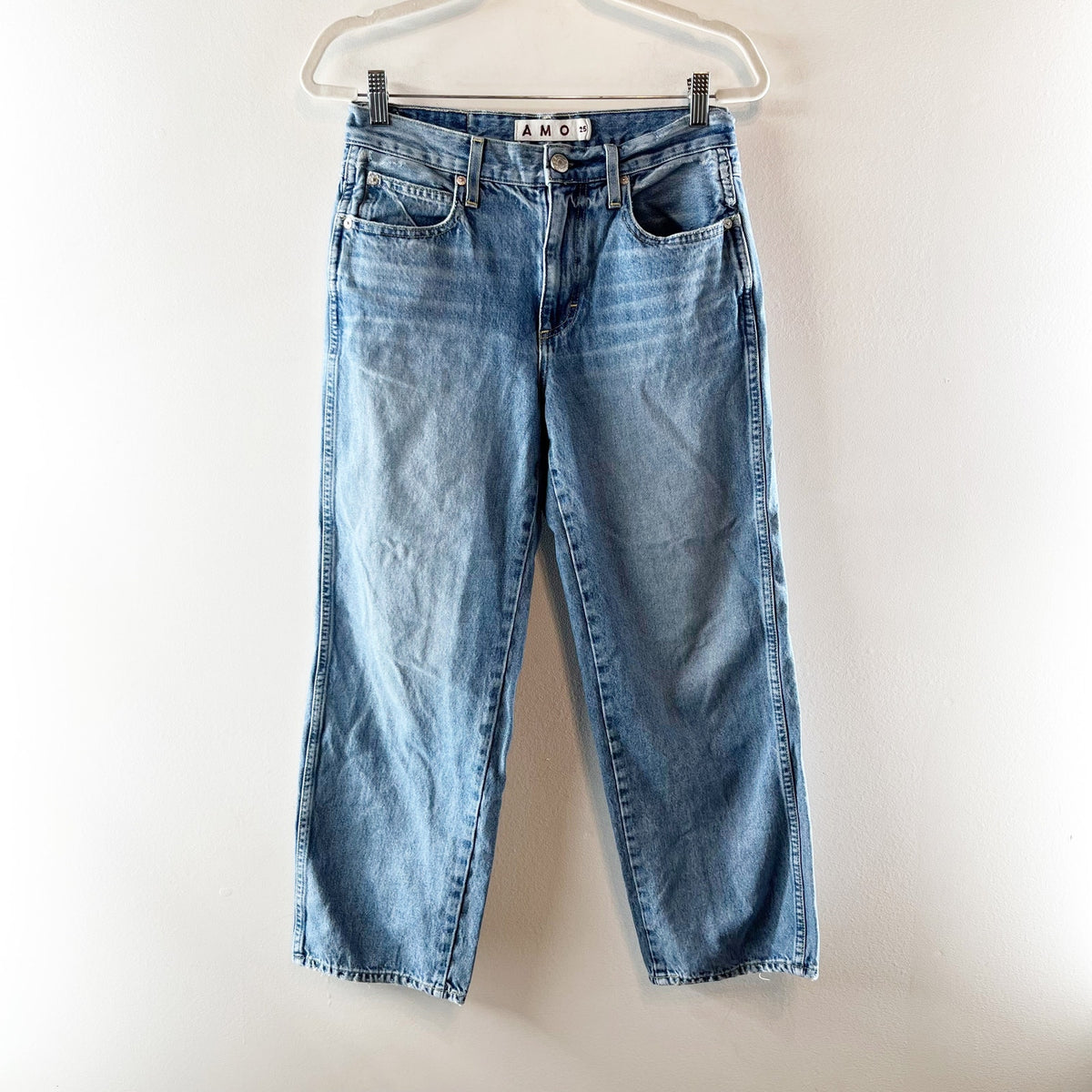 AMO Denim Billie Cotton Mid Rise Cropped Straight Leg Jeans Blue 25