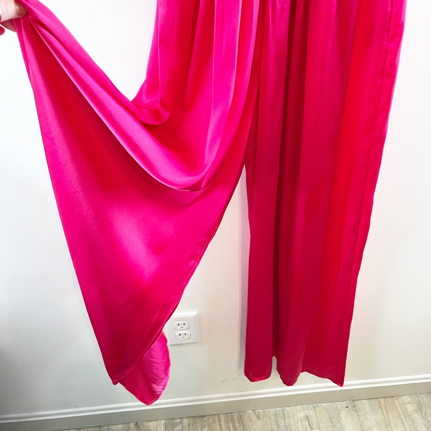 Zara Plunging V-Neck Pleated Wide Leg Buckle Jumpsuit Hot Pink Medium