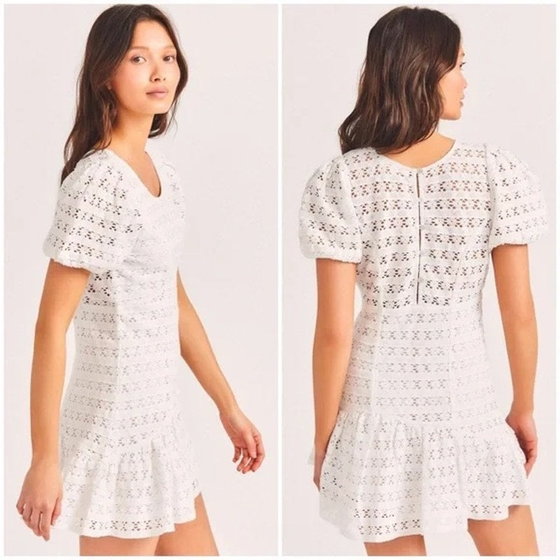 LoveShackFancy Apollo Lace Short Puff Sleeve Cotton Mini Dress White 2