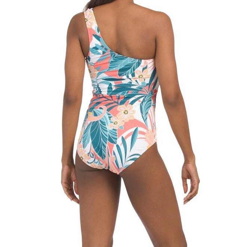 Jantzen Rainforest One Shoulder Tropical Print One Piece Swimsuit Blue 8
