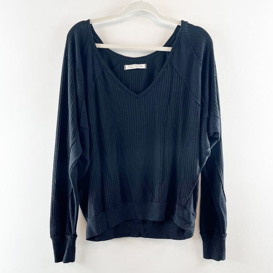 Free People Santa Clara Thermal Waffle Long Sleeve V Neck Top Shirt Black Small