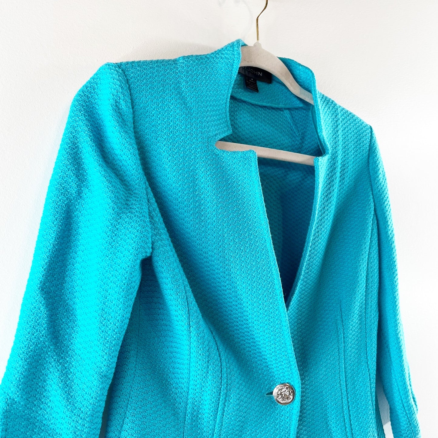 St. John Wool Blend 3/4 Sleeve Single Breasted Cardigan Blazer Turquoise US 4