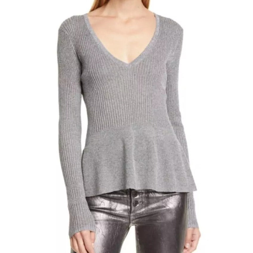 Veronica Beard Esmeralda Metallic V-Neck Ribbed Knit Peplum Sweater Gray XS