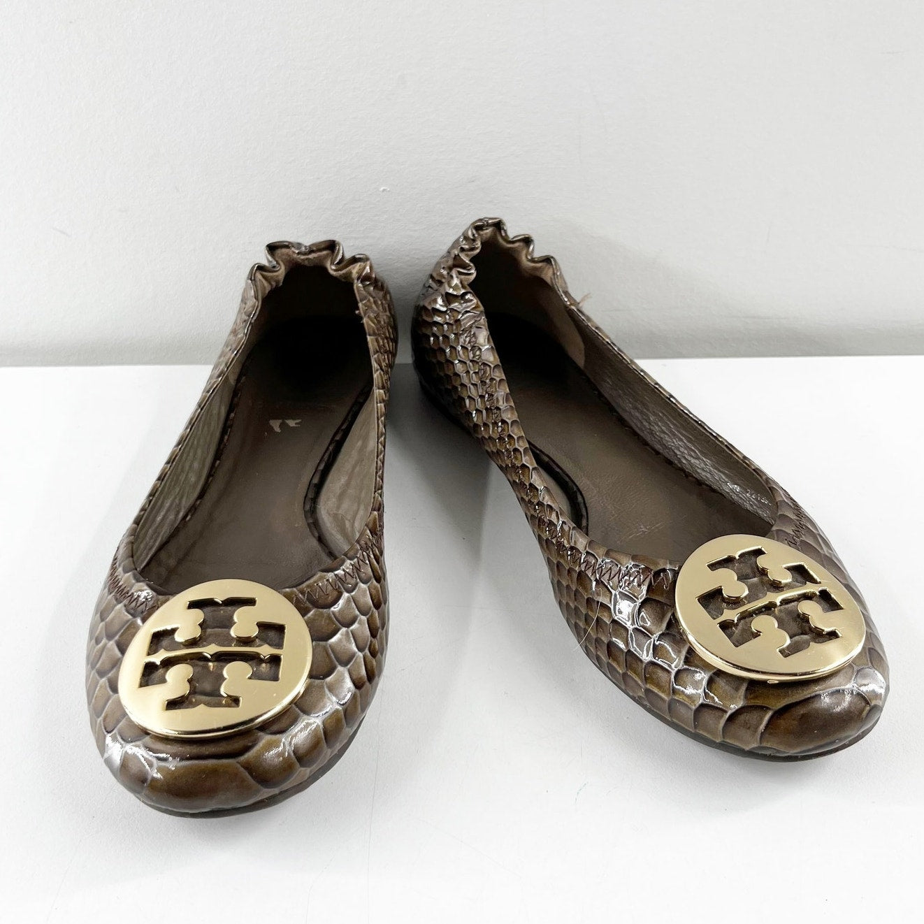 Tory Burch Reva Round Toe Snake Print Ballet Flats Leather Brown 6