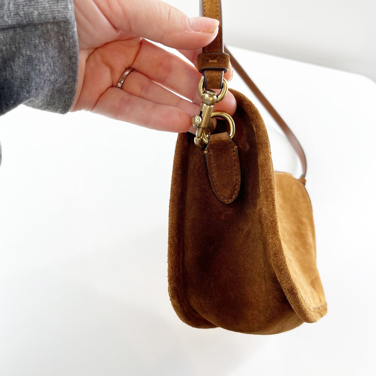 Coach Suede Waverly Shoulder Handbag Purse with Chain Strap Warm Brown