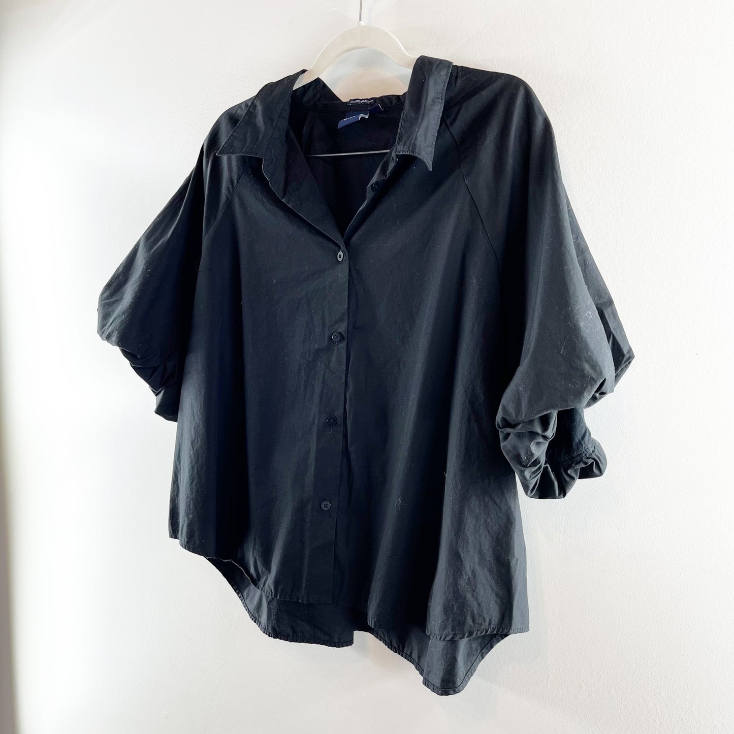 GAP Organic Cotton Short Puff Sleeve Button Down Shirt Top Black XXL