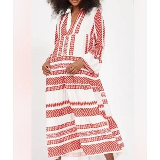 Silk & Salt V Neck Aztec Long Sleeve Midi Dress Red White Medium