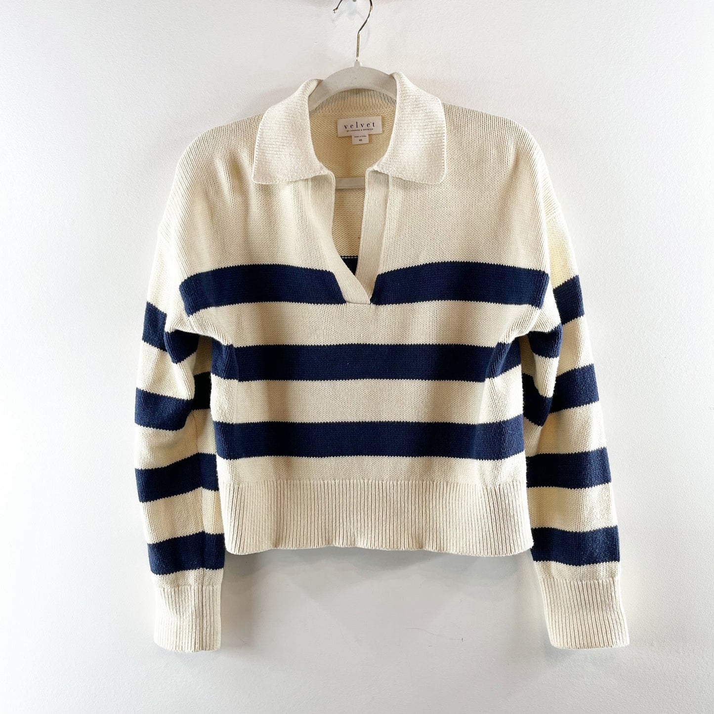 Velvet by Graham & Spencer Lucie Striped Polo Sweater Cream Blue XS
