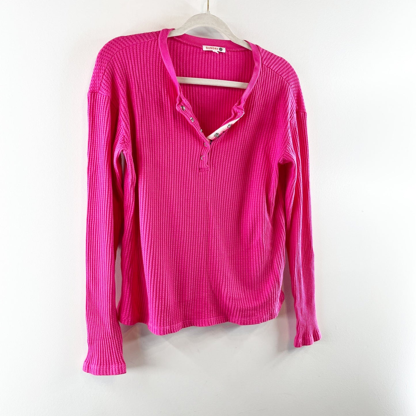 Sundry Evereve Long Sleeve Henley Waffle Thermal Snap Tee Pink XS