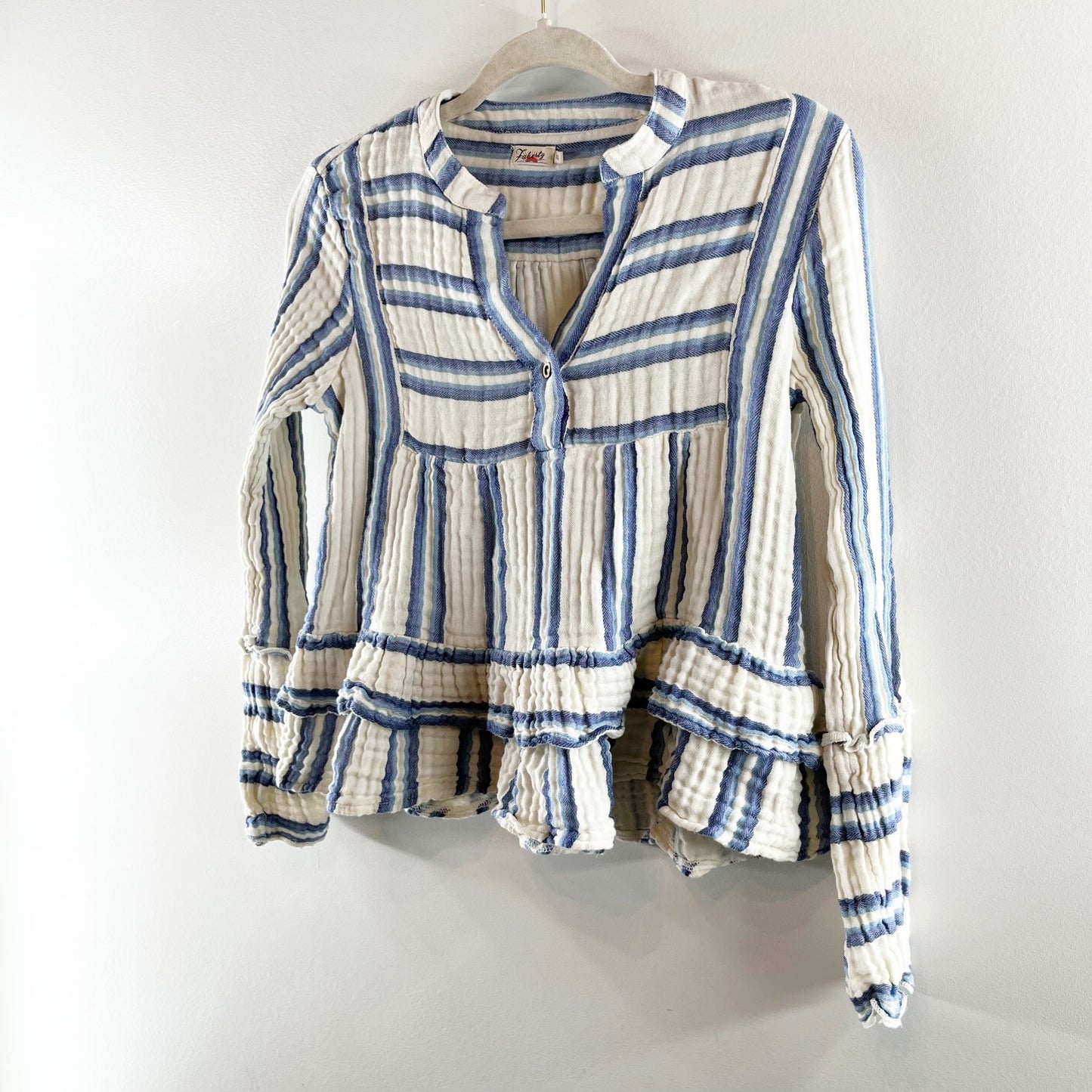 Faherty Vida Baja Striped Gauzy Cotton Long Sleeve Top Blouse White Blue XS