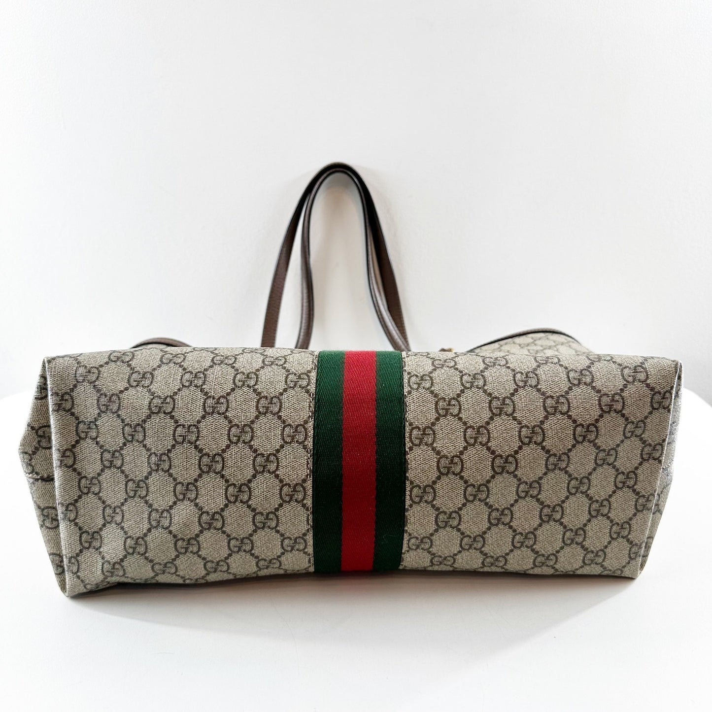 Gucci Ophidia GG Web Stripe Medium Tote Bag Beige Tan and Ebony