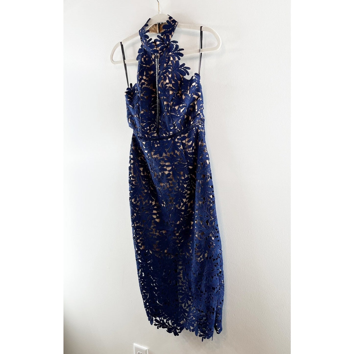 Lulus Divine Destiny Halter High Neck Lined Lace Midi Dress Navy Blue Medium
