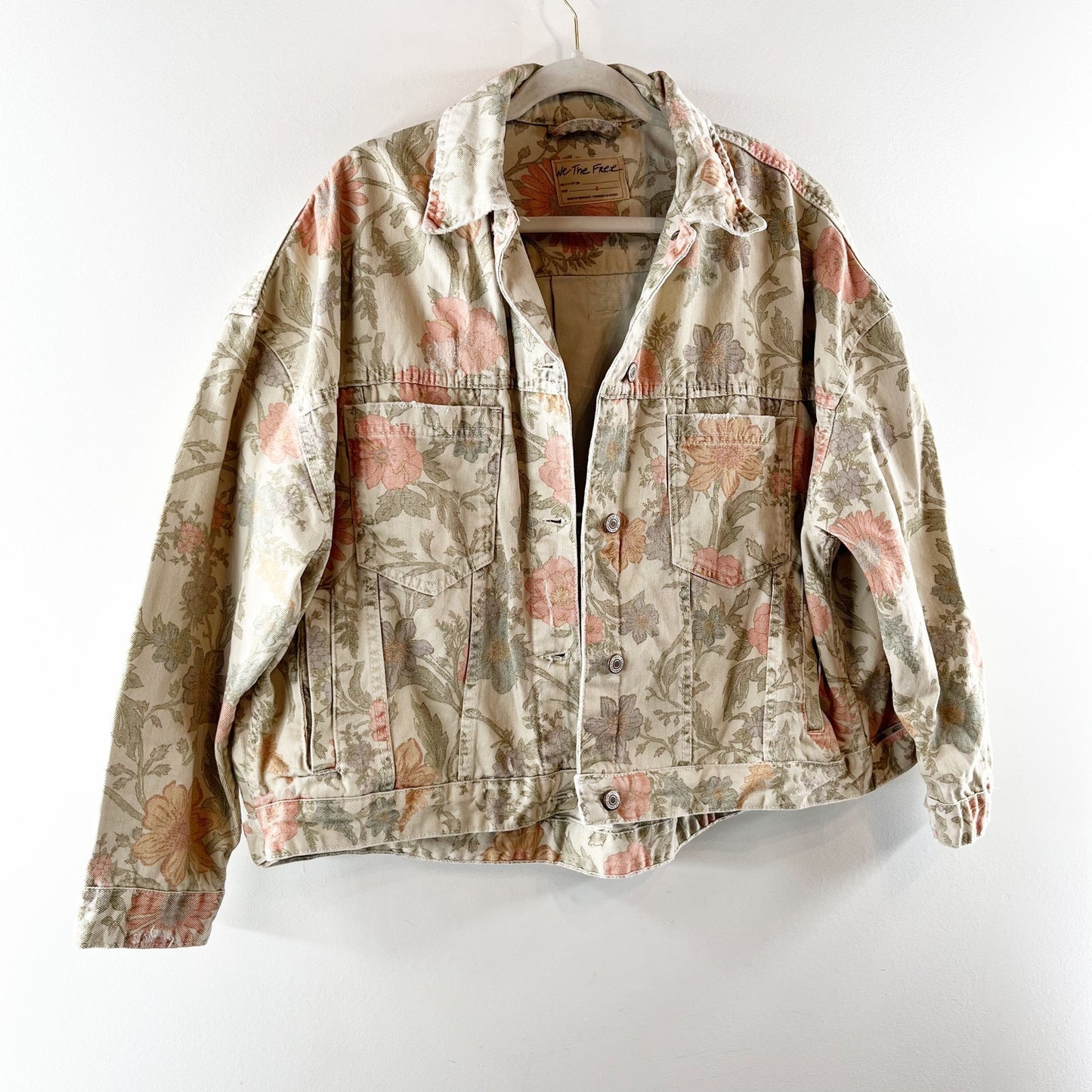 Free People Opal Floral Denim Trucker Jean Jacket Tan Beige Pink Small