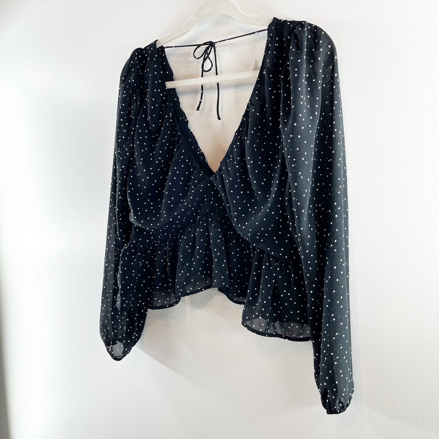 H&M Long Sleeve Polka Dot V Neck Peplum Crop Blouse Shirt Top Black Large