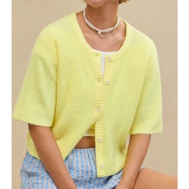 Aerie Short Sleeve Button Up Cardigan Sweater Crewneck Yellow XS