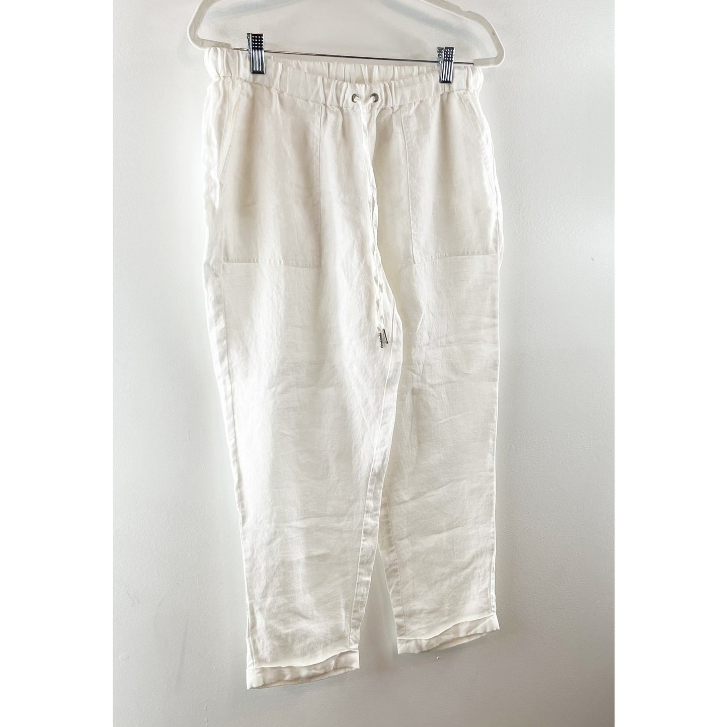 Pure Navy High Rise Linen Pull On Elastic Waist Ankle Pants White Medium