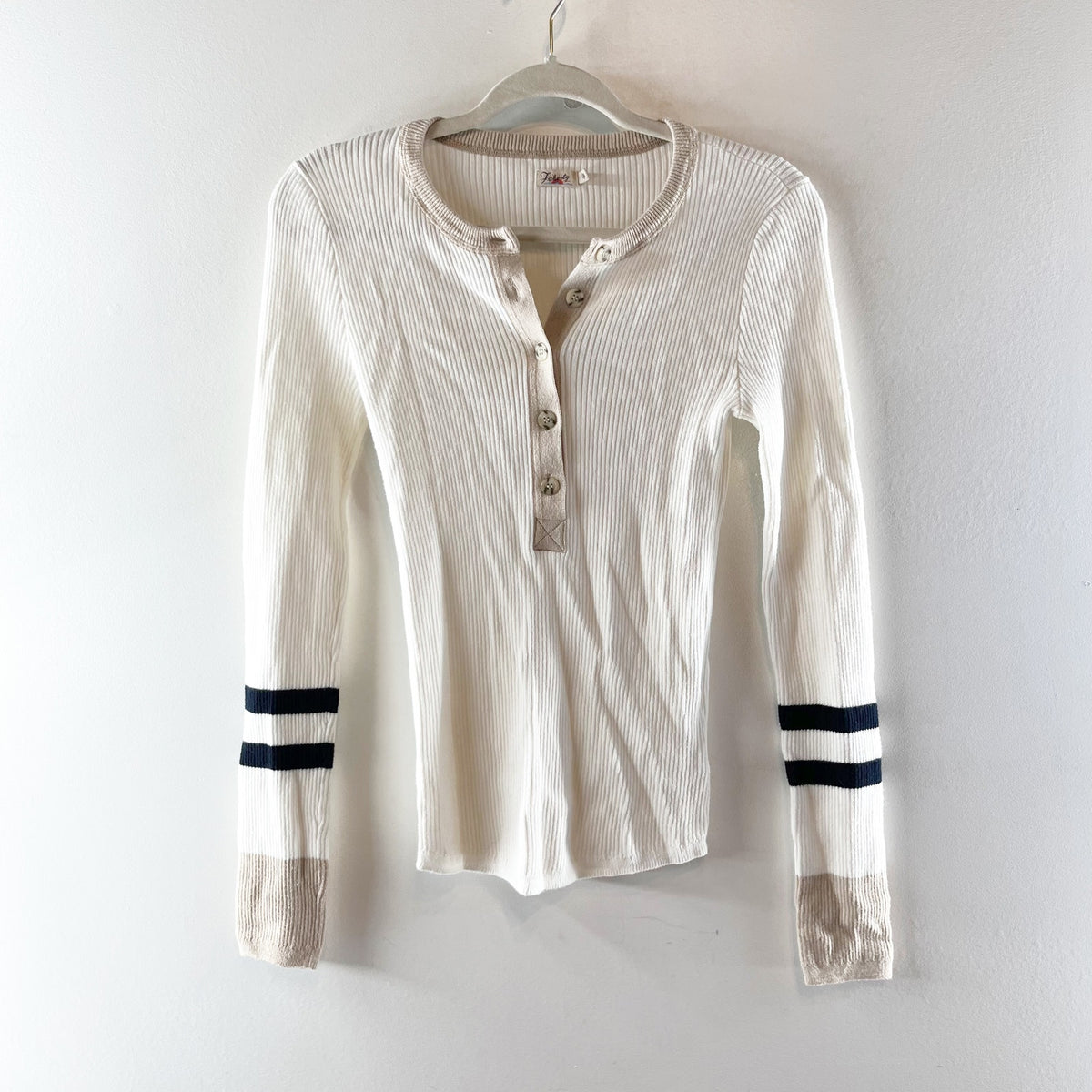 Faherty Mikki Ribbed Long Sleeve Henley Sweater Top White Cream Small