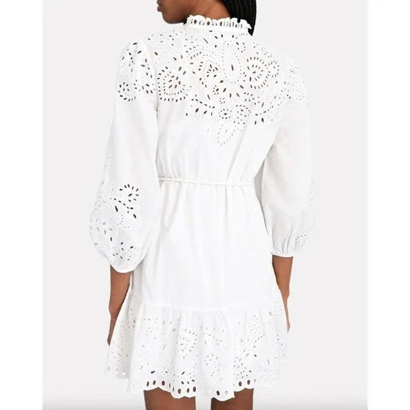 Intermix Leah Eyelet 3/4 Sleeve Cotton Belted Mini Dress White 8