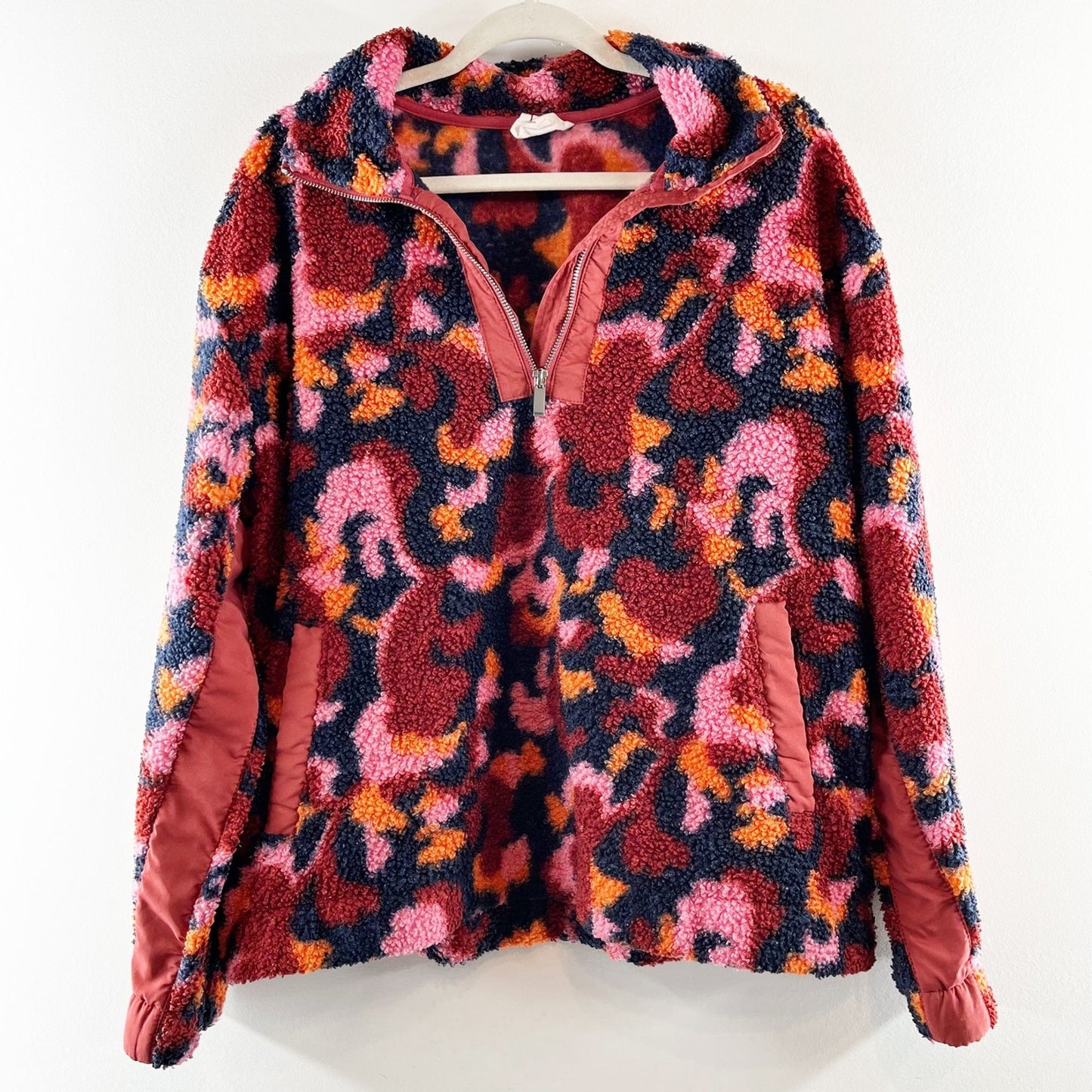 SAGE Collective Long Sleeve Fleece Sherpa Pullover 1/4 Zip Jacket Pink Red Large