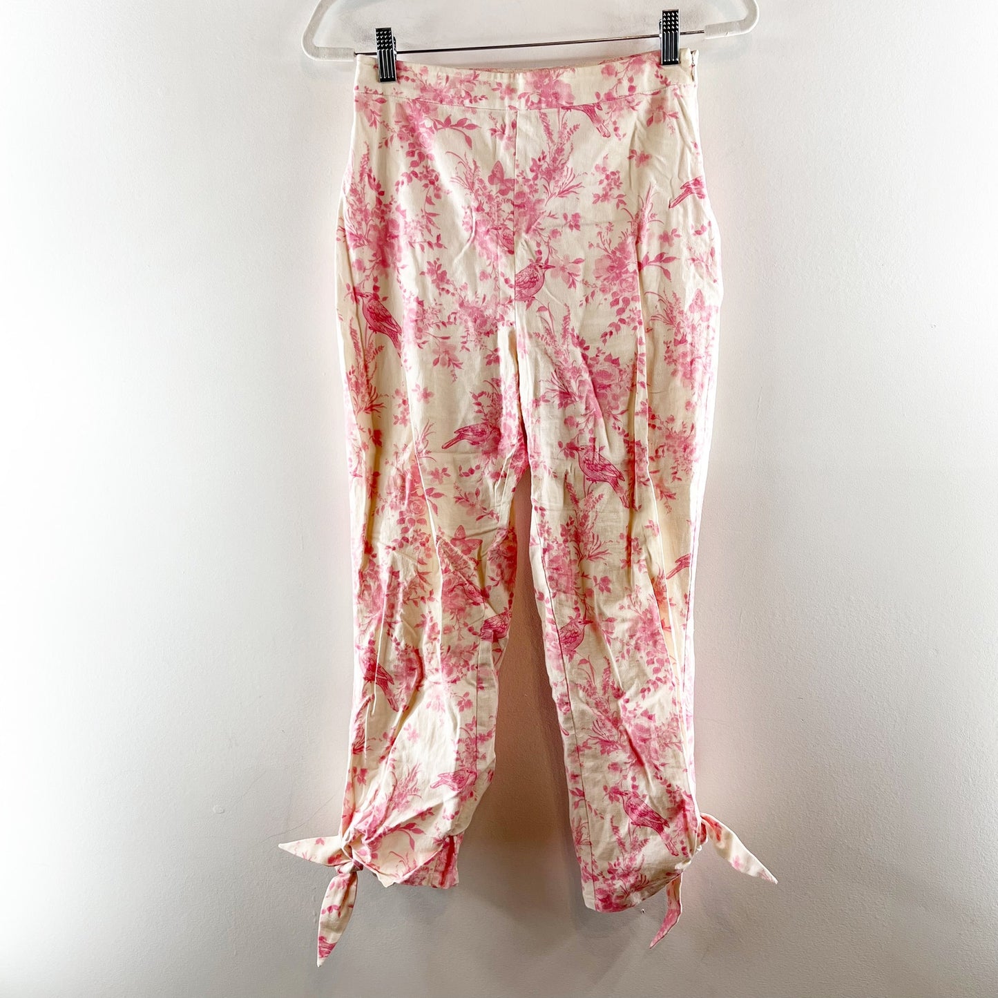 Majorelle Brexley High Rise Cropped Floral Linen Tie Hem Pants White Pink Small