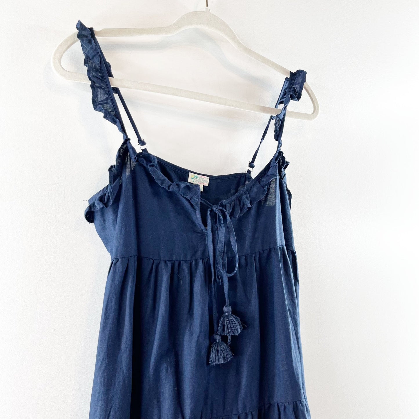 J. Crew Tiered Ruffle Strap Midi Beach Dress in Crinkle Cotton Navy Blue XS