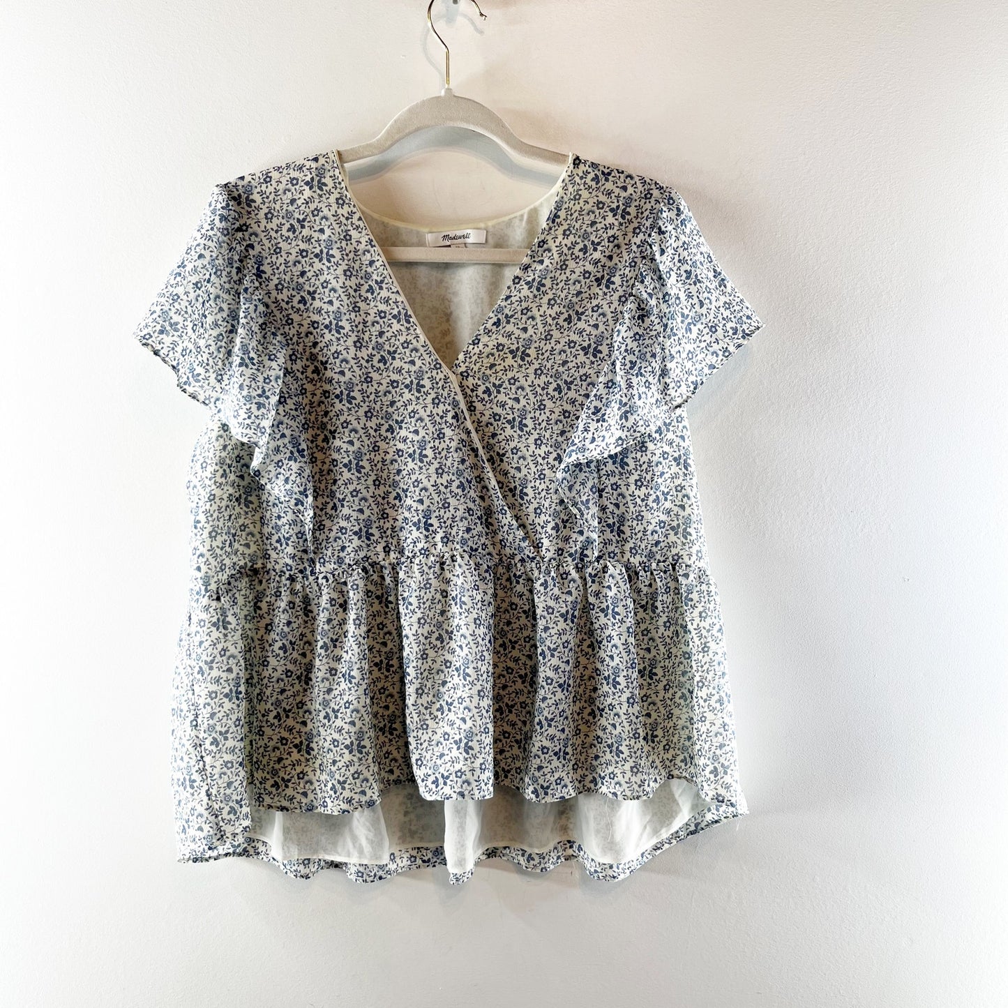 Madewell Georgette Ruffle-Sleeve V-Neck Peplum Blouse Americana Floral XL